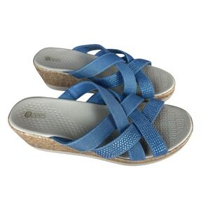 Bzees Women's Blue Fabric Criss Cross Wedge Platform Sandals Slides‎